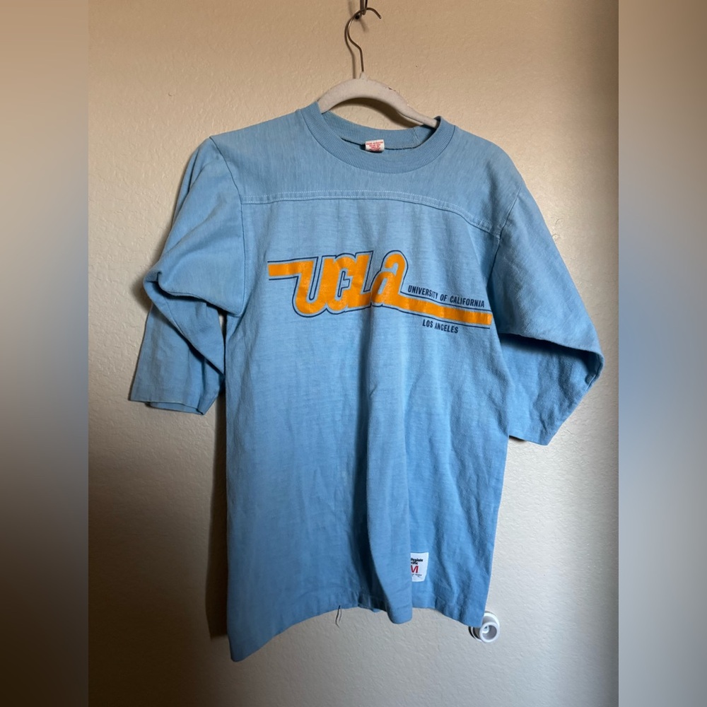 70s UCLA 3/4 Sleeve‎ Cotton Jersey T-Shirt Artex Sz M Single Stitch Blue